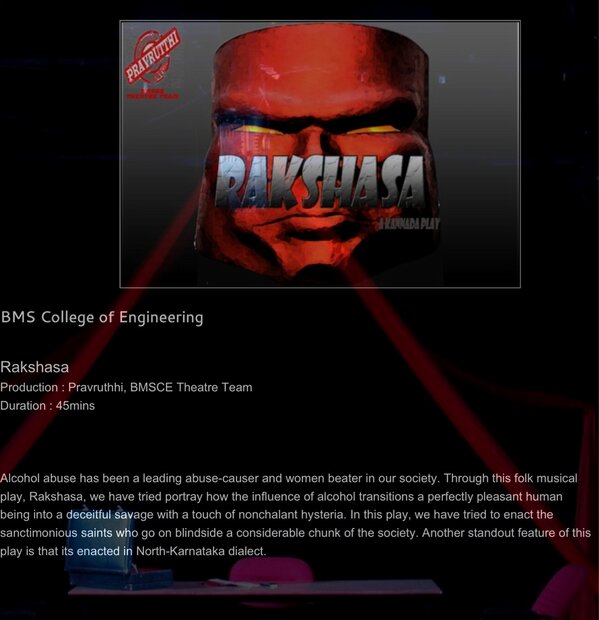 tea_arts's tweet photo. How many of you understand your inner devils? 

This Sunday, watch #BMSCE tackle "Rakshasa" on stage. #Kannada http://t.co/Ir99JciY6m