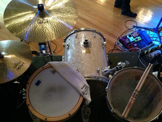 My latest setup. Kick. Snare. Hats. One cymbal. One floor tom. Done.