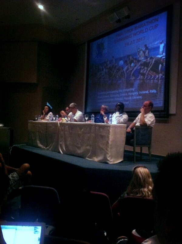 OpenWaterRacing's tweet photo. Eilat 10k FINA World Cup technical race meeting. This is where all rules are clarified for tomorrows race. http://t.co/FbWKwmQl2i