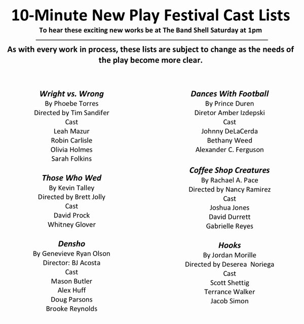 KCACTF6's tweet photo. Here are the cast lists for the 10-Minute New Play Festival! Congrats! http://t.co/MlltLoox8M