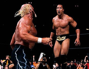 VegatedUndi's tweet photo. Still a #WrestleMania classic though! #Rock #Hogan #nWo http://t.co/gO3YvIGwct