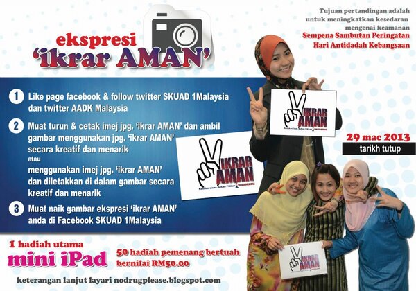 AADKMalaysia's tweet photo. Jom Sertai Hari Ini.  @HishammuddinH2O @KDNPUTRAJAYA @JPenerangan @SKUAD1Malaysia @KP_AADK @relamalaysia @JPAMtwiter http://t.co/fgk0S9LUHH