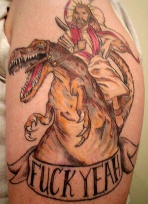 Best tattoo possibility so far #suparare #jesus #riding #dinosaur #trippythrowback #dinosaurpie