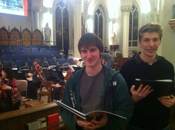 Lucas and Taylor at Orchestra rehearsal for "A mighty cry" with chorus niagara.