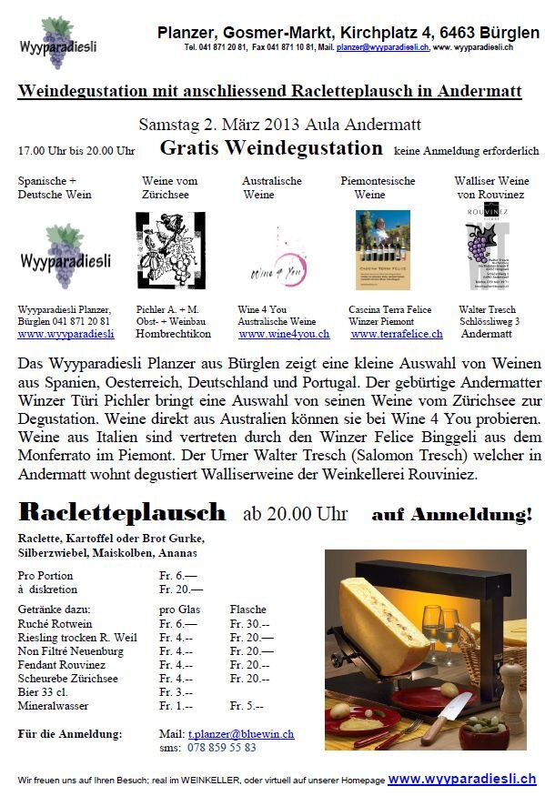 AndermattReuss's tweet image. Das #WyyparadiesliPlanzer lädt am 2.3. um 17 Uhr in #Andermatt zur gratis #Weindegustation mit #Raclette ein!