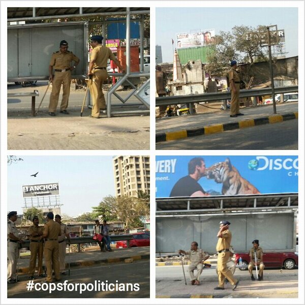 HoeZaay's tweet photo. Our Mumbai Police officers were made to do THIS all day thanks to Rahul Gandhi's visit. Randomly stand around. http://t.co/tPrwl73e41