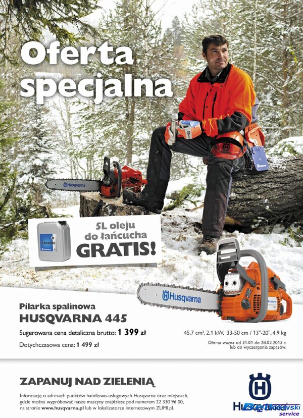 BetkowskiS's tweet photo. Promocja! Obniżona cena oraz do każdej pilarki spalinowej Husqvarna 445, 5L oleju do łańcucha gratis. http://t.co/C82CIy40sA
