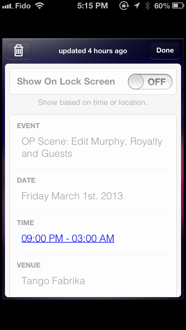 eventify's tweet photo. Don’t want to see your Passbook Ticket on your lock screen?

You can disable it from the info section of your Ticket. http://t.co/YHVcvfktvA