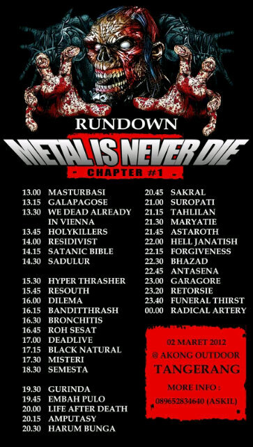 bandithrash's tweet photo. Rundown METAL IS NEVER DIE 1. Kami ada di 16:15 WIB, yo kita berpesta bersama! http://t.co/f1TFdPNmn0
