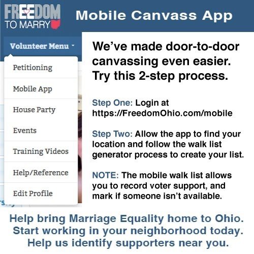 Freedom2MarryOH's tweet photo. Door-to-door Canvasses today ID'ing voter support &amp; getting signatures for F2M. Use the app: https://t.co/wAP86QITSc http://t.co/BuNVG9sXQH