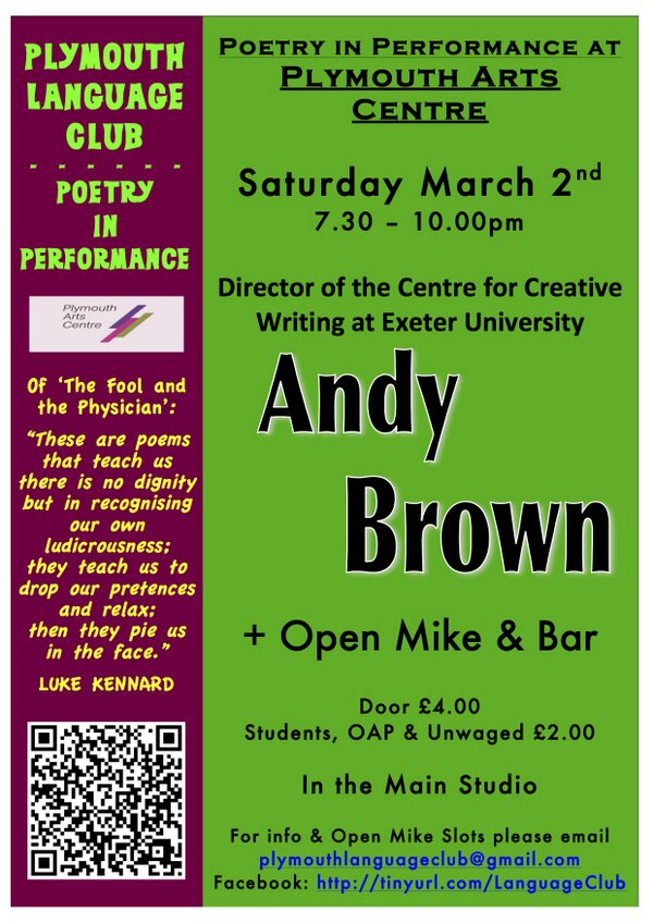 PlymLangClub's tweet photo. TONIGHT! Plymouth Language Club is at Plymouth Arts Centre featuring poet Andy Brown: https://t.co/LWPgHfyse8 http://t.co/ua9HmpFNVQ