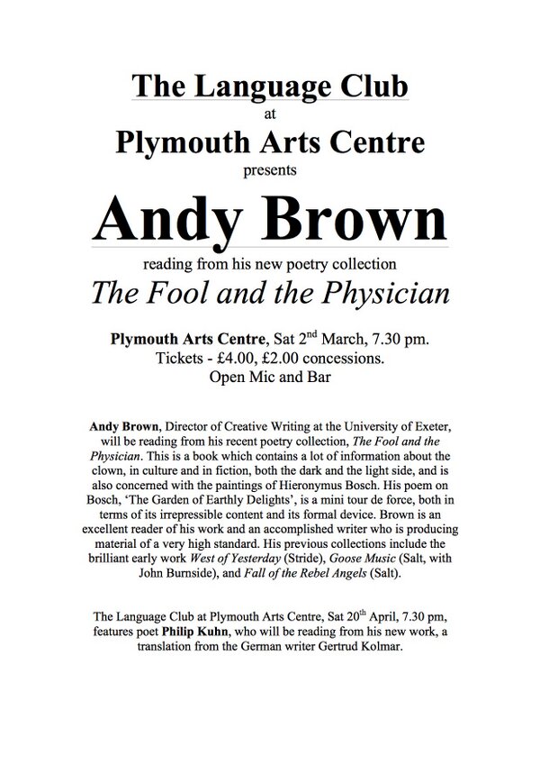 PlymLangClub's tweet photo. TONIGHT! Plymouth Language Club is at Plymouth Arts Centre featuring poet Andy Brown: https://t.co/LWPgHfyse8 http://t.co/dpodNkxkTn