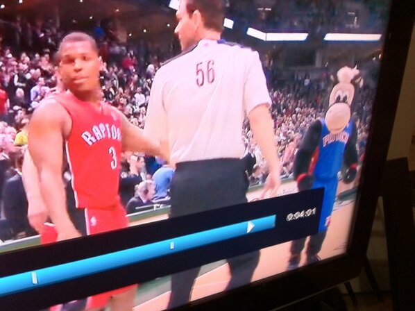Mdmeh's tweet photo. @tsn_sports @raptors what is the pistons mascot doing at the raptors bucks game http://t.co/uI5nIlLRli