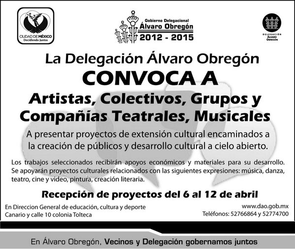 AlcaldiaAO's tweet photo. #DAO convoca Artistas,Colectivo,Grupos y Compañías Teatrales, Musicales. @leonel_luna http://t.co/7Ke8zO4IlL
