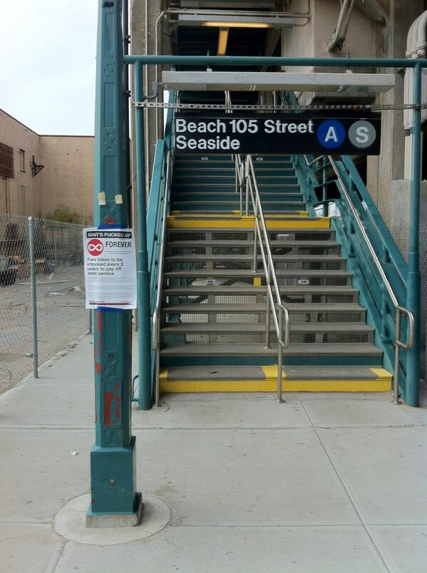 NoFareHike's tweet photo. #nofarehikes poster spotted in Rockaway! http://t.co/7jcD8iapnb