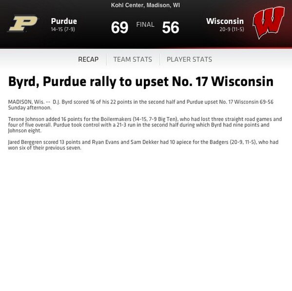 ESPNBB's tweet photo. Purdue upsets Wisconsin 69-56 for details check out this link http://t.co/l9eQzE5pRU