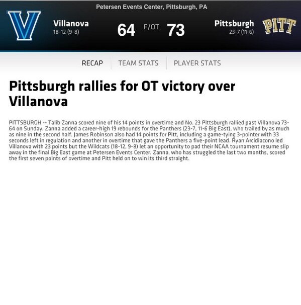 ESPNBB's tweet photo. Pittsburgh rallies and beats a bubble team in Villanova 73-64 in OT http://t.co/feEuDqkZVJ