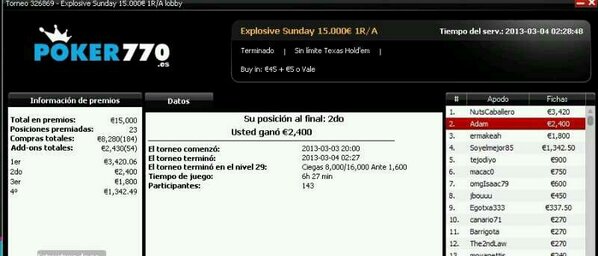 Adam8181_'s tweet photo. Segundo en #explosivesunday de @Poker770ESP , llegado des de satelite de 5eur y sin addon. Vamooos!!! http://t.co/bz16M0gp5s