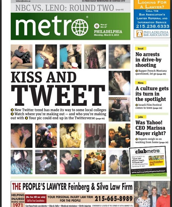 TempleMakeouts's tweet photo. We made the front page of @MetroPhilly!! The real question is did you also make the cover? #KissAndTweet http://t.co/A7Wfe7qZfY
