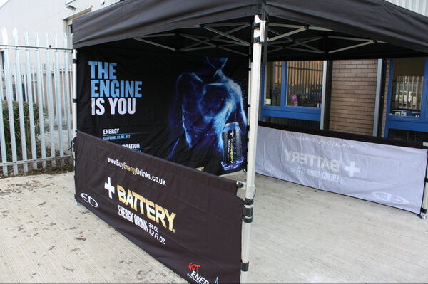 Eye catching pop up gazebo for battery energy drink! #popupgazebo #instantshelter #eventbranding