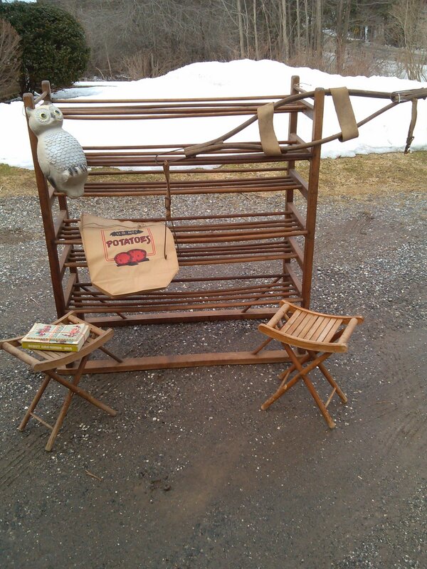 Score!!! shoe rack, bucket yoke, potato sacks, camp stools
