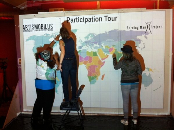 bmanproject's tweet photo. Collaborating with @ArtIsMobilUs on a mural showing the spread of @burningman culture thru the world. http://t.co/9f8TrlQrG6