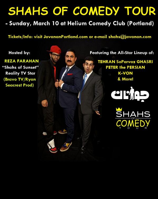 ShahsofComedy's tweet photo. This Sunday in Portland @KvonComedy @TehranSoparvaz @RezaFarahan @JavananRadio http://t.co/PwVbWnoemh