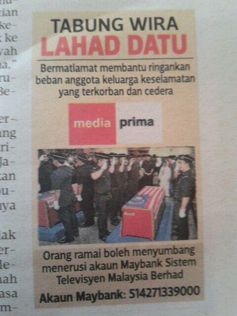 1MYPV's tweet photo. Tabung Wira Lahad Datu Media Prima. Jom bantu ringankan beban keluarga wira kita yg terkorban dan cedera. #Pray4Sabah http://t.co/JGN1YjFqwv