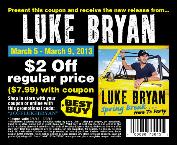 BestBuy_Deals's tweet image. Save $2 on your copy of @LukeBryanOnline's new album "Spring Break... Here to Party" with #coupon in-store or online