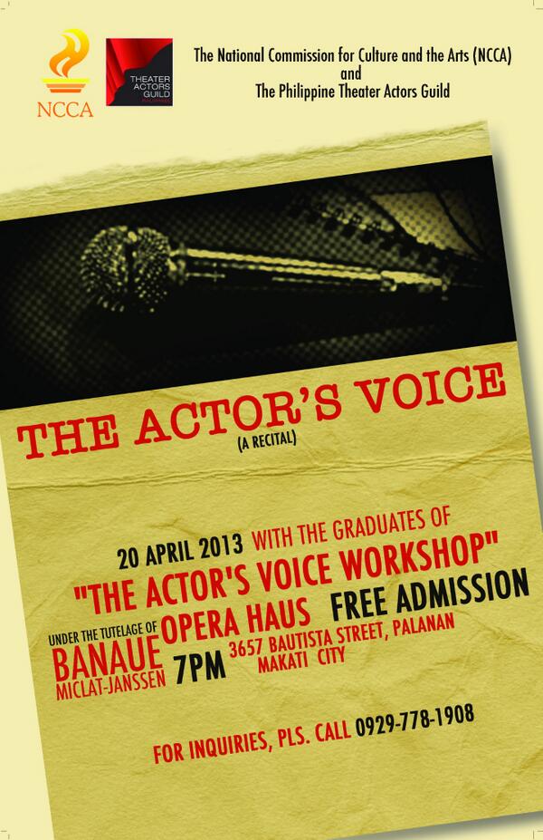TheActorsVoice's tweet photo. JOIN US! Free Admission. TAG-NCCA's The Actor's Voice RECITAL. 7PM April 20 Saturday Opera Haus. RSVP 09297781908 http://t.co/DPfshUMRru