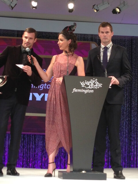 Today @FlemingtonRacecourse #BGFL @Myer_MyStore ambassador #krissmith with @GiaanRooney and @LukeDarcy_ dressed in AG