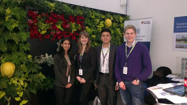 StephWeller's tweet photo. Some @UniofReading @ENGD_TSBE &amp; @UniRdg_SustBE doctoral students @Ecobuild_Now stand s453. Plus natty "green" crest! http://t.co/pYlR7fOJJp