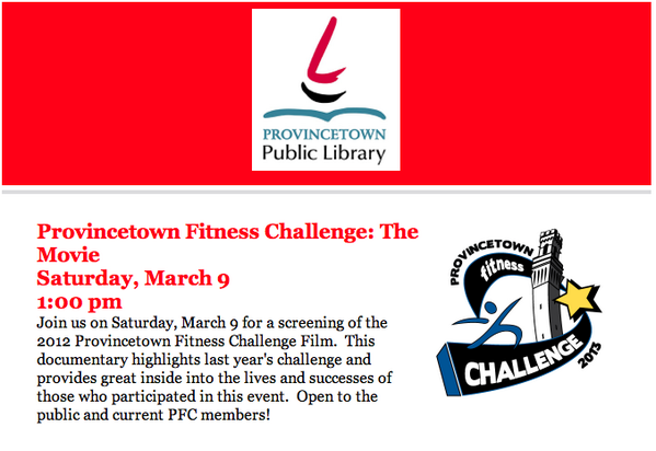 ProvincetownLib's tweet photo. "Provincetown Fitness Challenge: The Movie" will show Saturday at 1pm in the Marc Jacobs Room! http://t.co/joKLDw9zFF