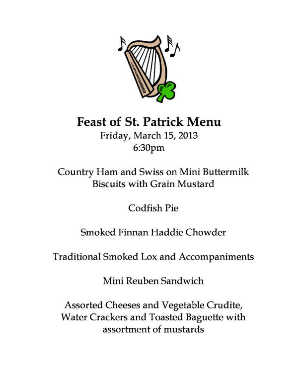 Check out the menu for next Friday's St. Patty's Day Party!