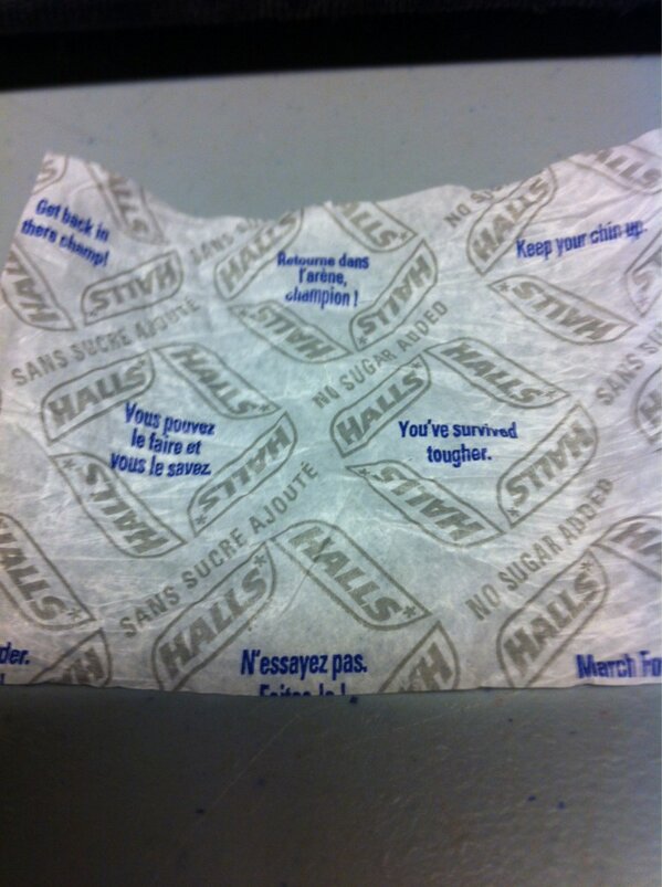 22shelbs's tweet photo. Love the words of encouragement on the halls wrapper #getbackintherechamp #leavemealoneiwanttosleep http://t.co/nSUpSR5mN4