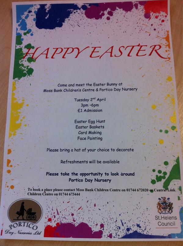 SarahFilPortico's tweet photo. @sthelensculture an eggcellant Easter event for families #sthelens #mossbankchildrenscentre :-) all welcome http://t.co/PoCALoWhtd