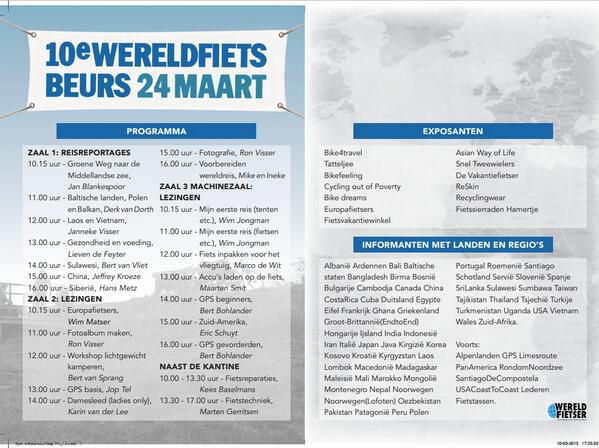 De Wereldfietsbeurs, 24 maart, Bussum.
Met een uiterst interessant programma voor vakantiefietsers