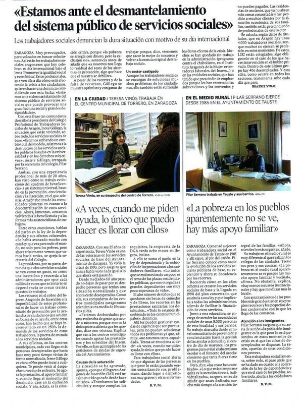 MareaNaranjaAra's tweet photo. RT@CPTSAragon: Heraldo de Aragón 19 de marzo de 2013 Dia del Trabajo Social http://t.co/8YZZlB336E