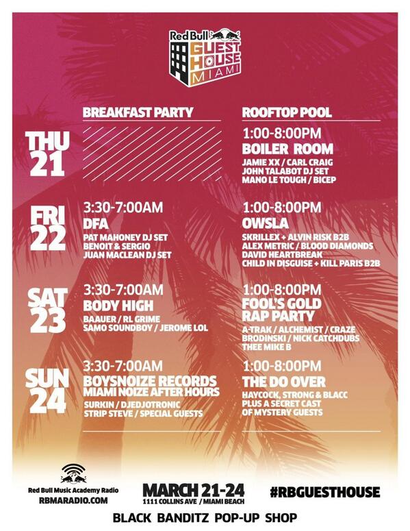 AdamMoonves's tweet photo. #rbguesthouse line up + pop up shop by @Black_Banditz @redbullmia http://t.co/ofdDBFqUWT