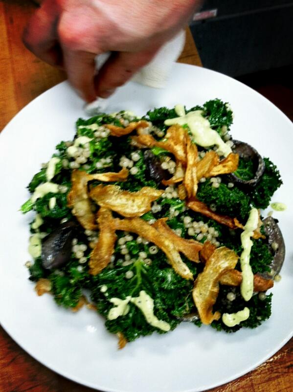 ThePickledChef's tweet image. Our new Grilled Kale with Grilled Red Onion, Pearl CousCous, Artichoke Chips &amp;amp; Green Goddess Dressing.