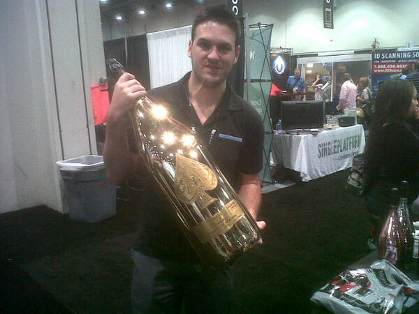 adamforsythe's tweet photo. Down at the Vegas nightclub convention. I got my hands on a $100000 bottle of champagne http://t.co/UdlT6EpB46
