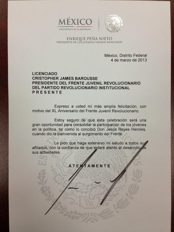 CJamesBarousse's tweet photo. Agradezco al presidente @EPN por la felicitación del #40AniversarioFJR y la extiendo a la militancia del @CEN_FJR http://t.co/xgthcn821y