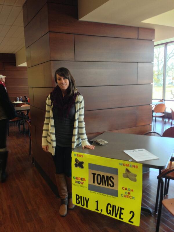Whitney Rhew is promoting TOMS all week in the cafe at Chapel Break.