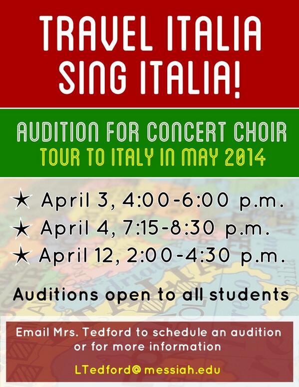MessiahMUS's tweet image. Spread the word - auditions for Concert Choir are open to all @messiahcollege students!  Italy-bound in May '14!