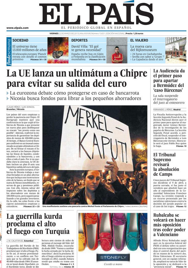 La crisis de Chipre, el 'caso Bárcenas' y el alto el fuego en Turquía, en #portada cort.as/3kdZ
