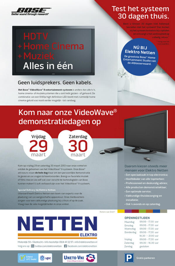 Kom langs bij de Bose Videowave demonstratiedagen op vrijdag 29 en zaterdag 30 maart a.s. in onze nieuwe showroom