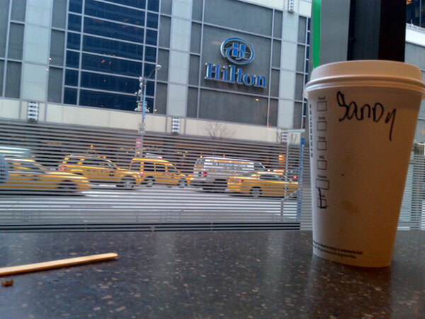 SandyFaraone's tweet photo. Hilton Hotel, New York #hilton #starbucks #Sandy #NewYork #yellow #taxi http://t.co/sBnKrMFLon