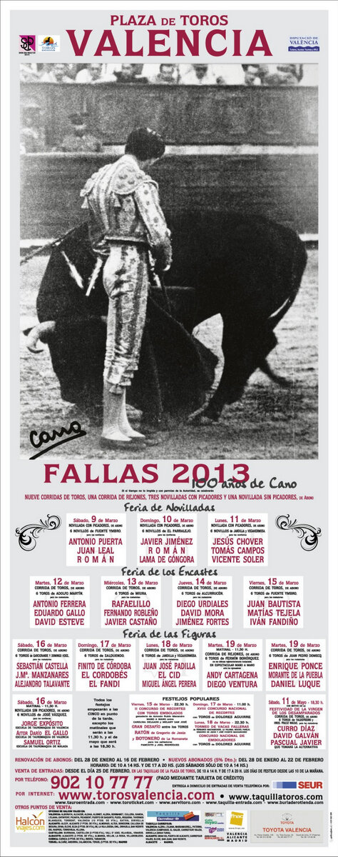 Aquí tenéis todas las corridas de Fallas 2013 correspondidas con sus respectivos horarios