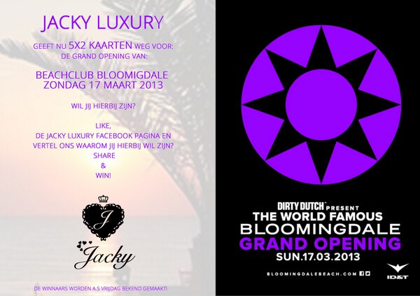 jackyluxury's tweet image. @jackyluxury geeft 5x2 #kaarten weg voor de #grand #opening van #beachclub @Bloomingdale 17/03 on.fb.me/YhpzeM