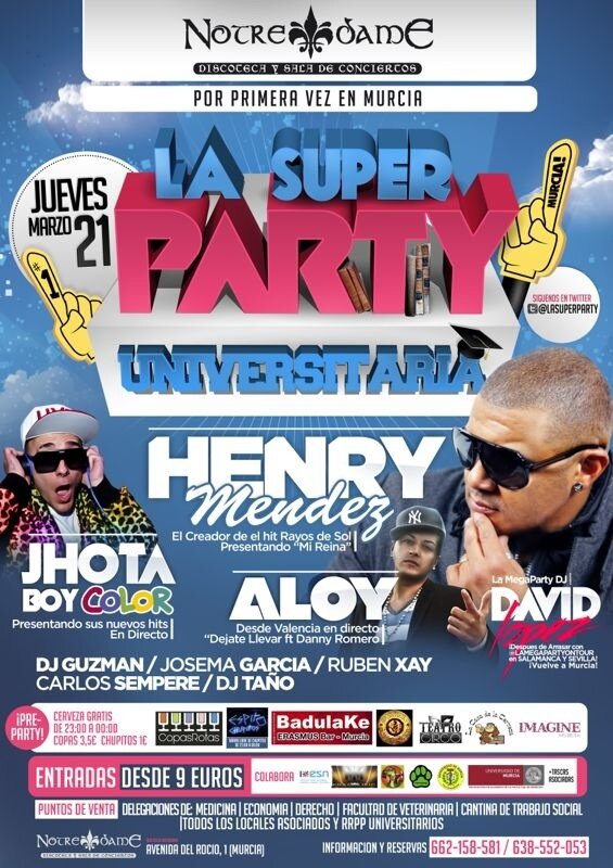 DiscotecaNotre's tweet photo. @fiestasderecho @damedium @economicas_mu la universidad esta patas arriba! Llega #laSuperParty a Murcia! 21 de marzo http://t.co/VGEJuDBG0O